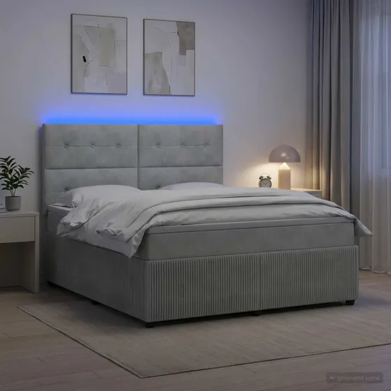 vidaXL LED Boksmadrasseng med madras, Lysegrå Fløjl, 180 x 200 cm