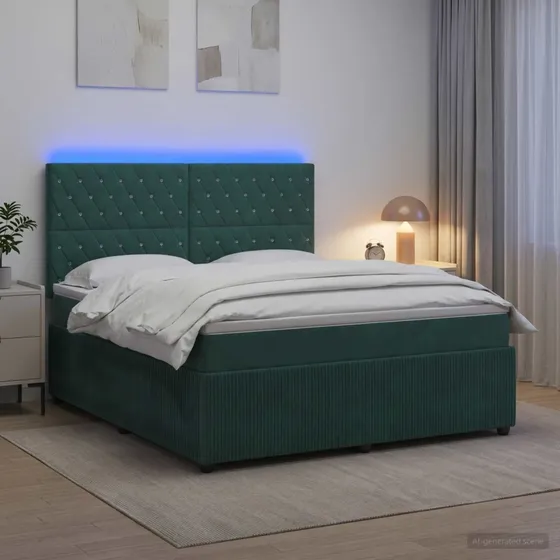 vidaXL LED Boksmadrasseng 180x200 cm Mørkegrøn Fløjl