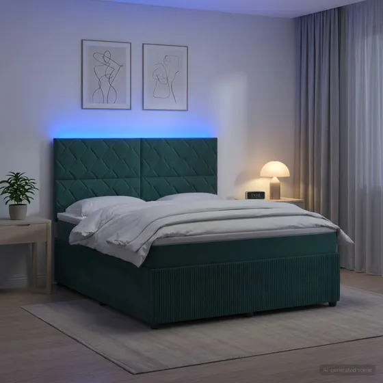 vidaXL LED Boksmadrasseng med madras, 160x200 cm, Mørkegrøn Fløjl