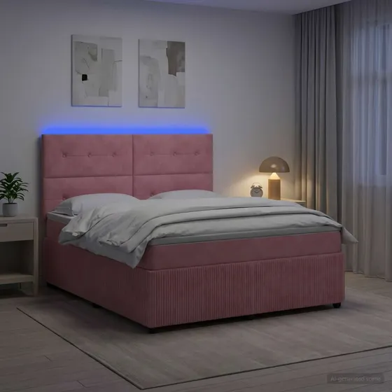 vidaXL LED Boksmadrasseng i Fløjl, Lyserød, 140 x 200 cm