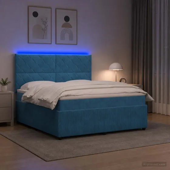 vidaXL LED Boksmadrasseng med madras, blå fløjl, 140 x 190 cm
