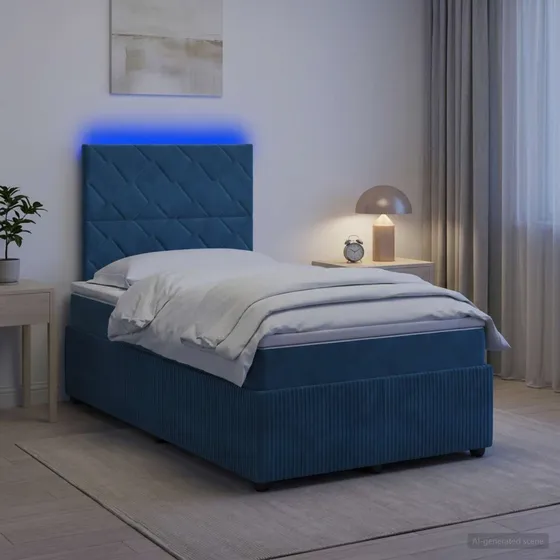 vidaXL LED Boksmadrasseng med madras, Blå Fløjl, 120 x 190 cm