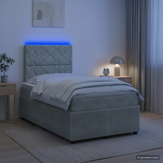 vidaXL LED Boksmadrasseng med madras, Lysegrå Fløjl, 120 x 190 cm