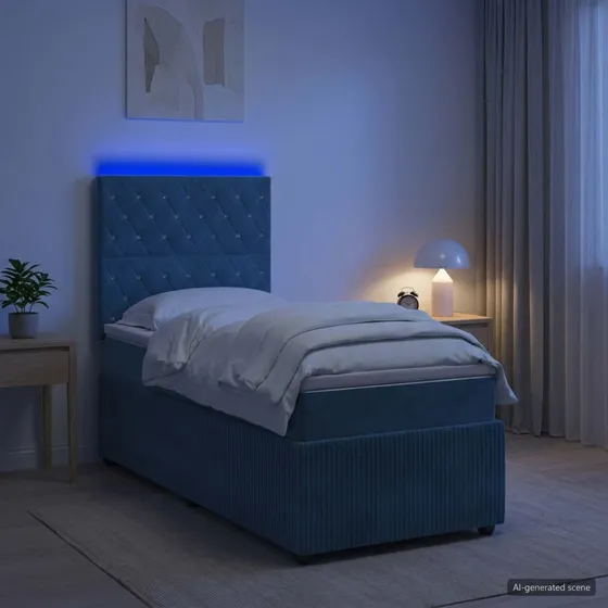 vidaXL LED Boksmadrasseng 90x200 cm Blå Fløjl