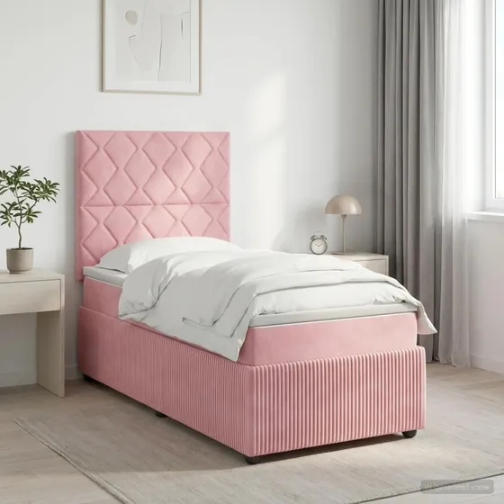 vidaXL LED Boksmadrasseng med madras, Lyserød Fløjl, 90 x 190 cm