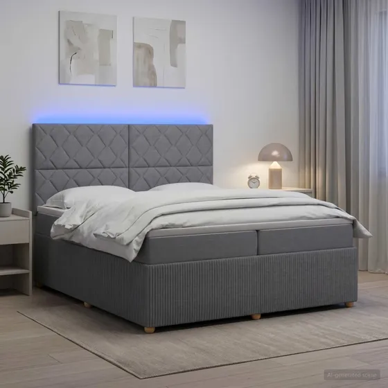 vidaXL LED Boksmadrasseng med madras 200 x 200 cm - Lysegrå