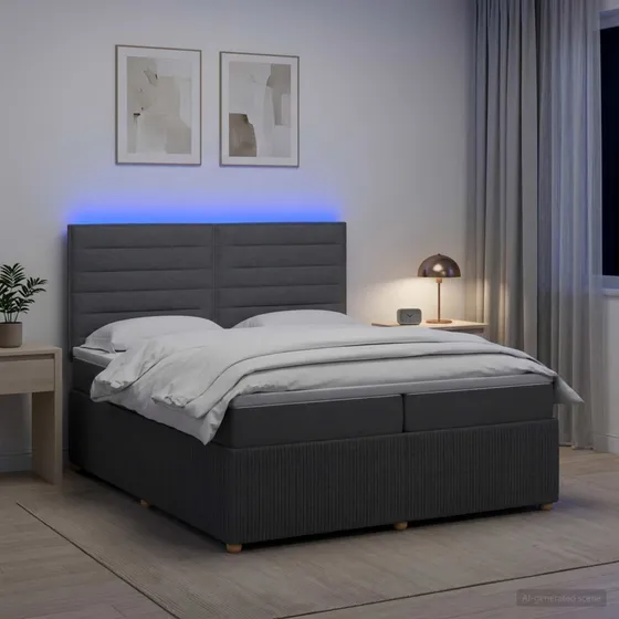 vidaXL LED Boksmadrasseng med madras, Mørkegrå, 200 x 200 cm