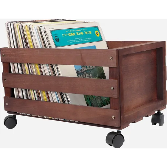 Retro Musique Vinyl Opbevaring i mørkt træ med hjul - 100 LP'er