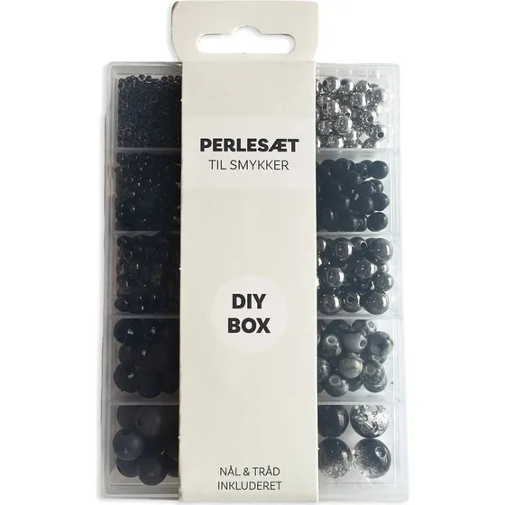 Perler æske sort/sølv med nål og tråd - 10 assorterede størrelser