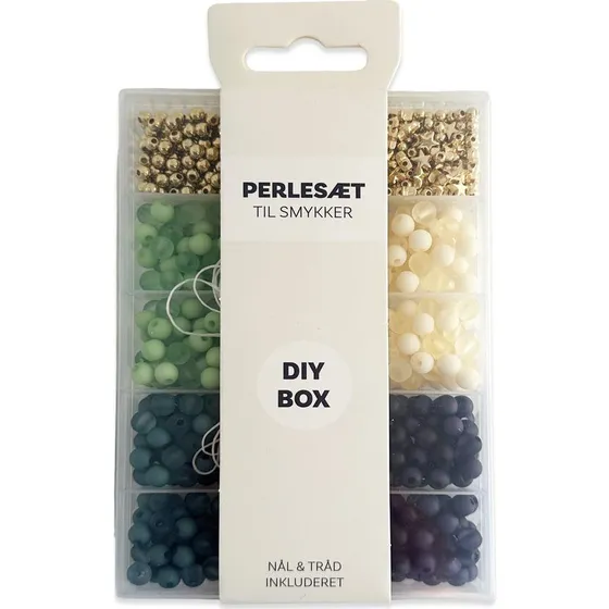 Perler i æske matte tone-i-tone mix (grøn, blå, guld, offwhite)