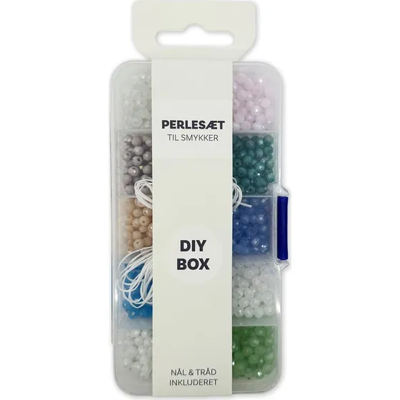 Facetslebne perler i æske med nål og tråd - Assorterede farver