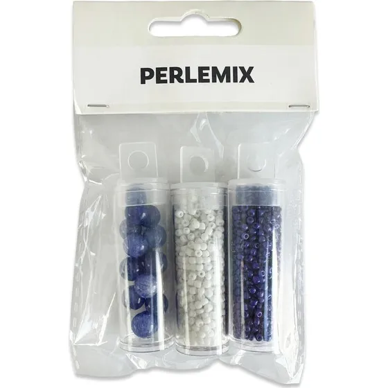 Perler i rør blå, mørkeblå og hvid - 3 assorterede rør