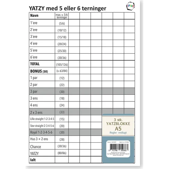 Yatzy scoreblokke A5 til 6 terninger - 3 stk