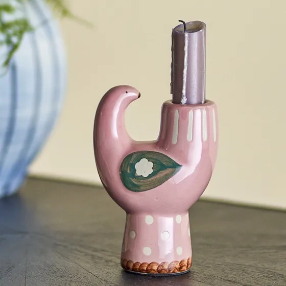 Bloomingville Trudy lysestage - Rosa fugl i stentøj, H 12,5 cm