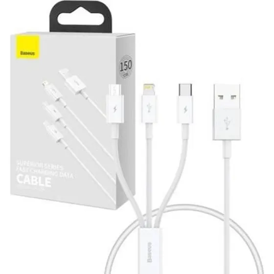 Baseus Superior Data 3-i-1 USB-kabel (M+L+C) 0.5m - Hvid