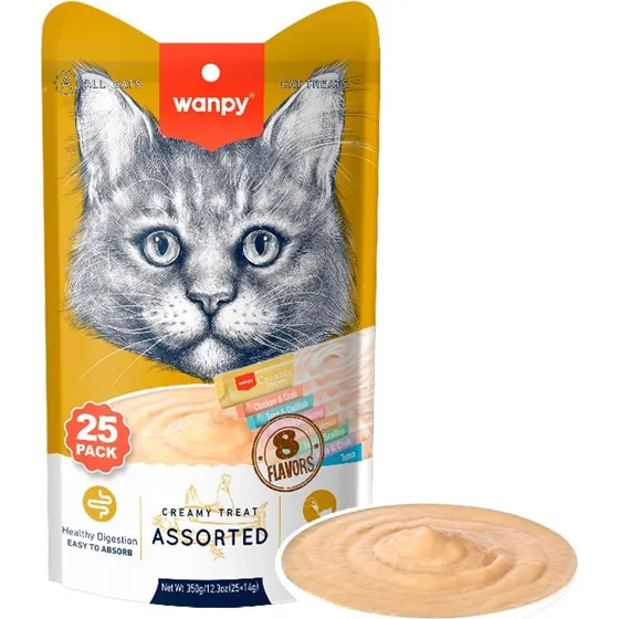Wanpy Kat 25-pak cremede slikbare godbidder - Mix af 5 varianter