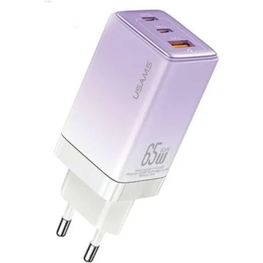 USAMS 65W GaN Vægoplader med USB-C og USB-A - Lilla