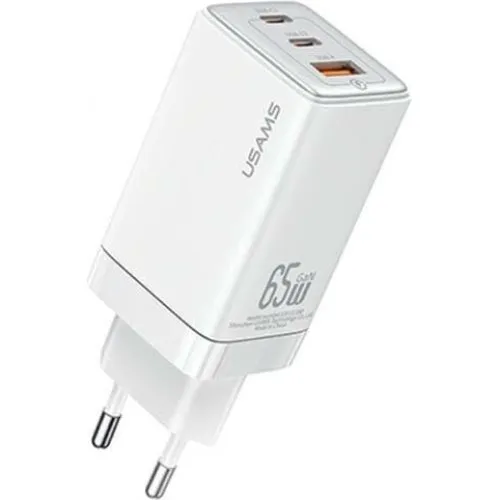 USAMS 65W GaN Vægoplader - 2x USB-C & 1x USB - Hvid