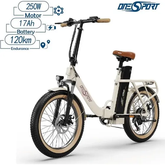 Onesport OT16 Elektrisk cykel - 250W, 17Ah, 20x3" dæk, Hvid