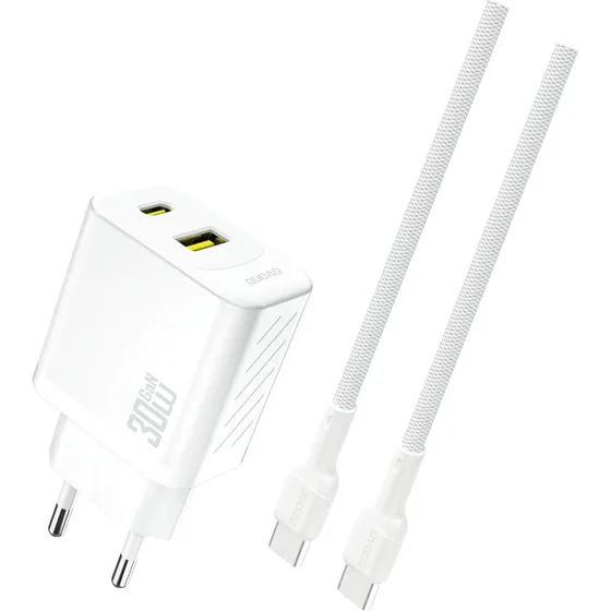 Dudao A27TCEU 30W GaN USB-C & USB-A oplader med kabel - Hvid