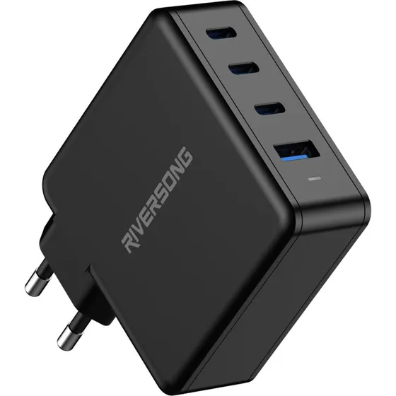 Riversong PowerKub 100W GaN Oplader - 3x USB-C & 1x USB-A, Sort