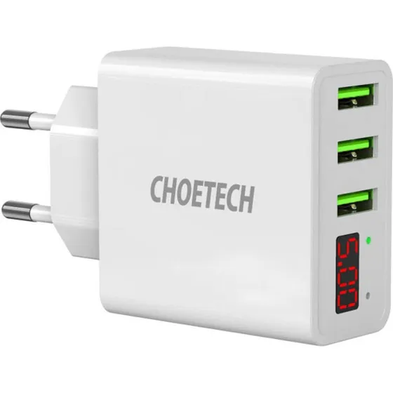 Choetech 15W 3-Port USB-A Oplader m. Display, Hvid