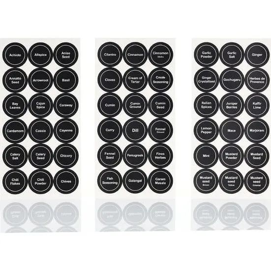 Sorte krydderiglasetiketter, 35 mm runde, 121x241 mm, 2 sæt