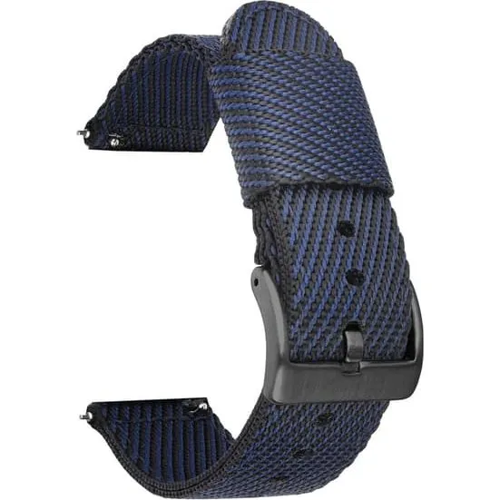 Nylon urrem med sort spænde - Blå/Sort stribet, 22 mm