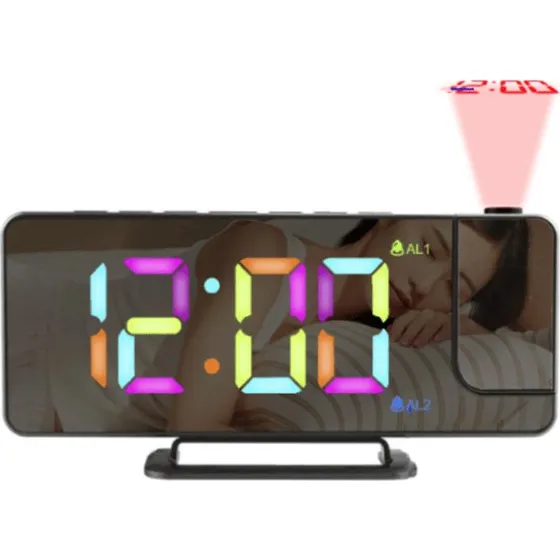 LED projektionsvækkeur med RGB-farvedisplay og justerbar lysstyrke