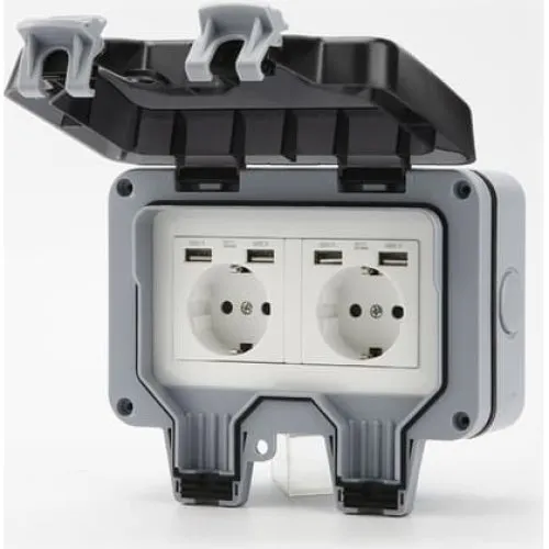Vandtæt stikdåse med 4 USB-porte og Flip Protection, Gray
