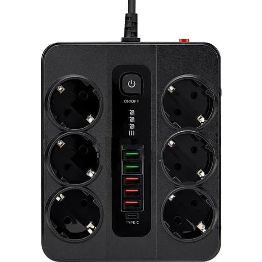 EU Strømskinne med 6 stik, 5 USB og 1 USB-C - Sort