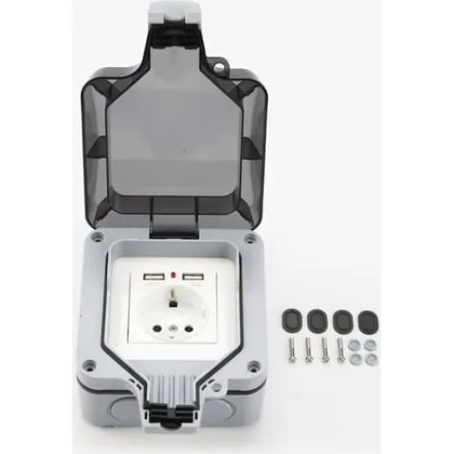 Vandtæt vægstik med dæksel og 2 USB-porte, Grey