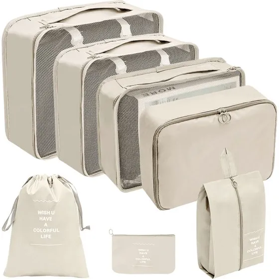 Organizer til kuffert - 7 stk. vandtætte pakkeposer, Beige