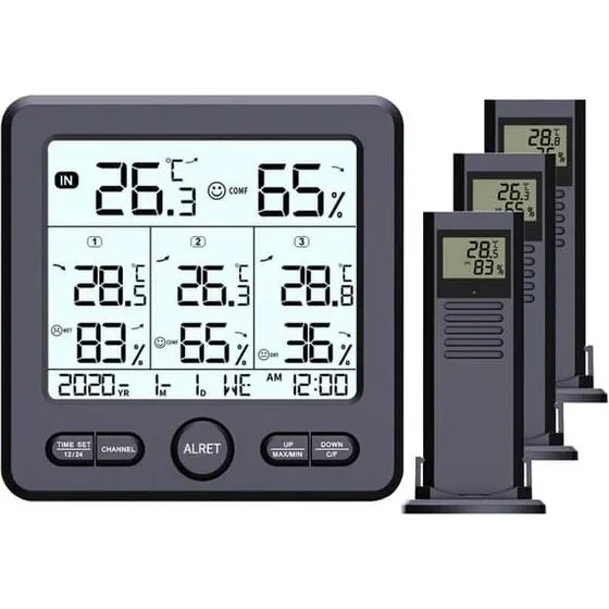Digitalt termometer/hygrometer med 3 fjernsensorer, Black