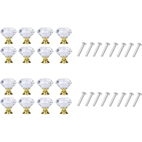 Diamantformede glasknopper Transparent/Guld - 16 stk