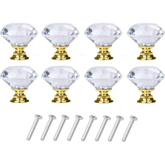 Diamantformede glasknopper Transparent/Guld - 8 stk