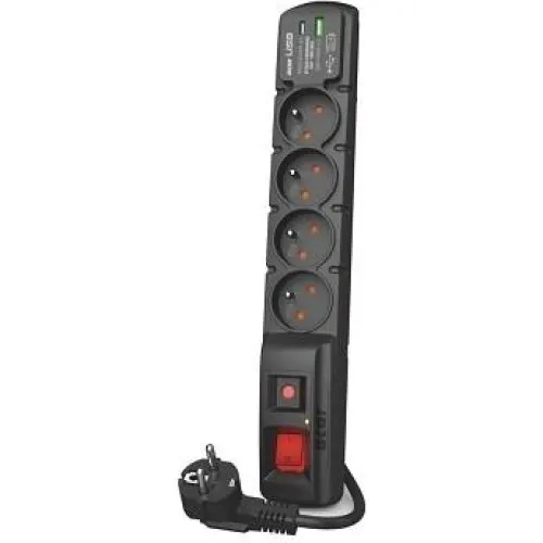 Acar F4 Stikdåse med overspændingsbeskyttelse, USB A+C, 5 m, sort