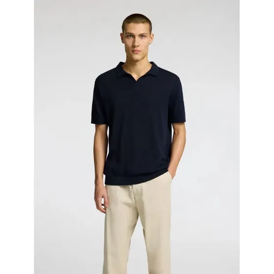 Selected strikket navy poloshirt i linen blend til herre