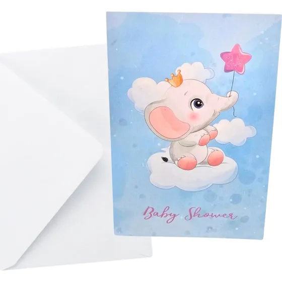 Baby Shower Kort med Elefant - Lyserød m/ konvolut