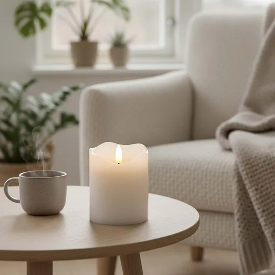 LED Bloklys 10cm med flammeeffekt, hvid, ægte stearin