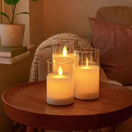 LED Bloklys i glas med vippende flamme, 3 stk. - Ægte stearin