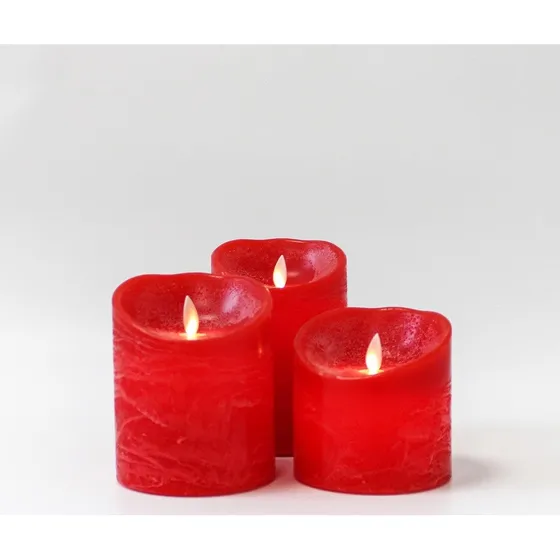 LED Bloklys med bevægelig flamme, rød, 3 stk, Ø10cm, ægte stearin