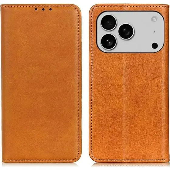 iPhone 17 Pro Flip Etui i Ægte Læder med Pung - Brun