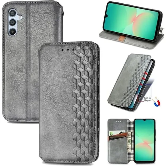 Samsung Galaxy A26 læderetui med rombe-mønster - Grå