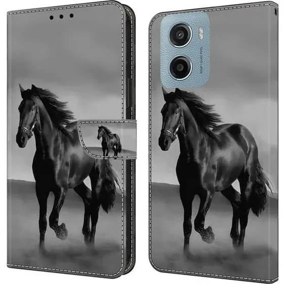 Motorola Moto E15 4G Læderpung med 3D-mønster - Sort Hest