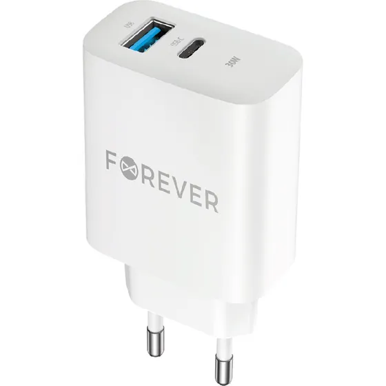 Forever 30W Vægoplader med USB-C PD & USB-A QC - Hvid
