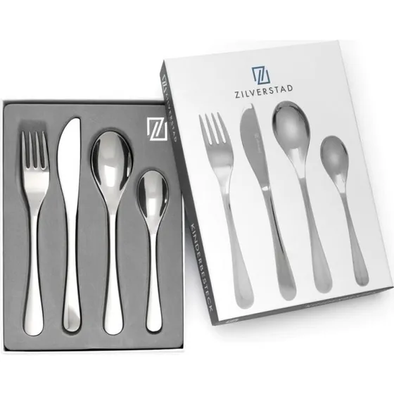 ZILVERSTAD Børnebestik 4 dele med gravering, glat