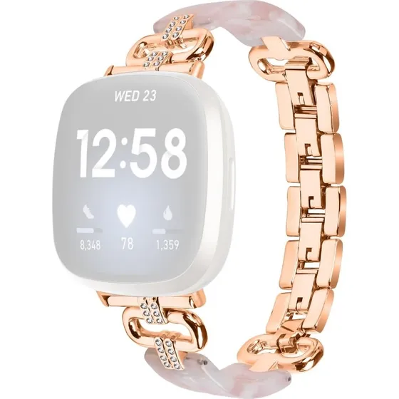 Fitbit Versa 4 / Sense 2 Rem: Resin & Rhinsten i Rødguld/Lyserød