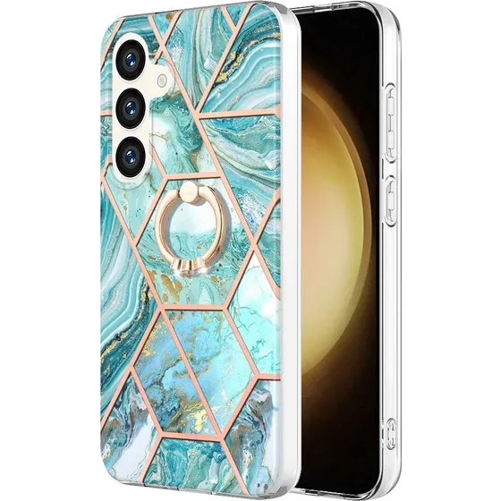 Samsung Galaxy S24 Cover med Ringholder - Blåt Marmormønster