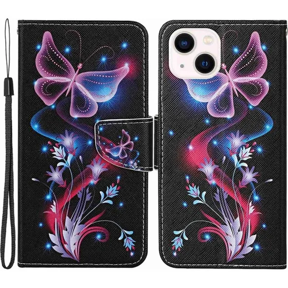 Wonderland iPhone 14 Flip Etui - Fluorescerende Sommerfugle